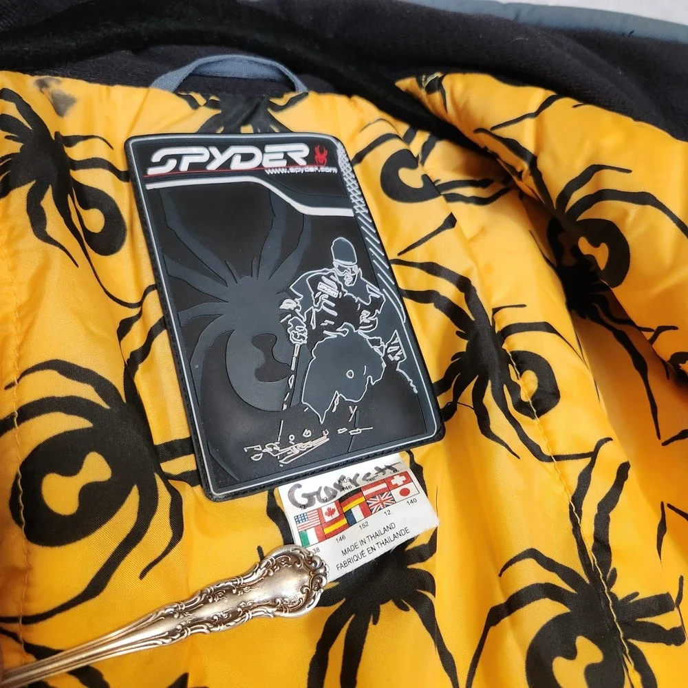 Spyder Ski Jacket Boys Size 12 Black Yellow Grey Insulated Hooded Winter Coat